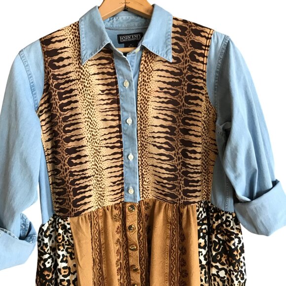 Patchwork Duster Jacket Dress, M: Upcycled Animal Print Button-Down Boho Kaftan - Picture 10 of 13